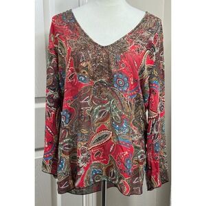 Chico's Women's Size 2 (L) 100% Silk‎ Paisley Top Embellished V-Neck Long Sleeve